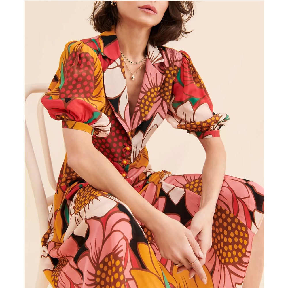 Farm Rio Colorful Sunflowers Midi Dress Size XS Flowers Pink Red Yellow